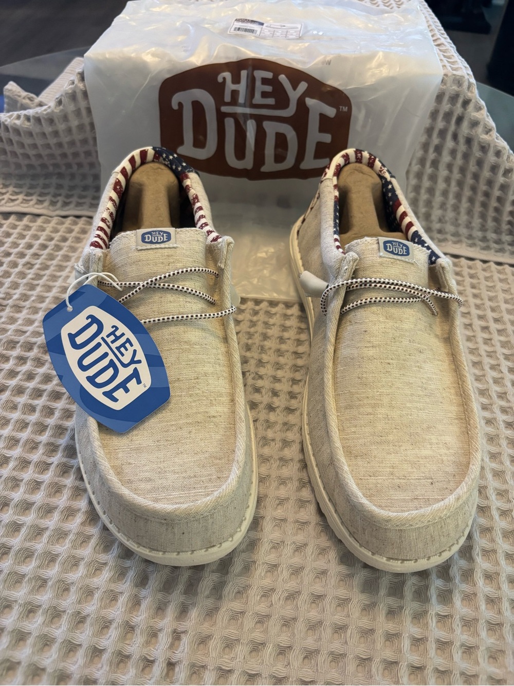 Hey Dude Men's Casual Slip-Ons in Cream with American Flag Trim